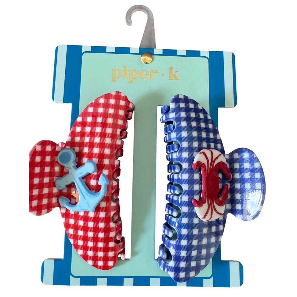 Piper K Hair Claw Duo Blue Anchor Red Lobster Gingham Beach Patriot Theme NWT